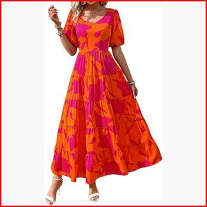 Puff Sleeve Floral Maxi Dress Tiered Hem Smocked Top Wedding Guest